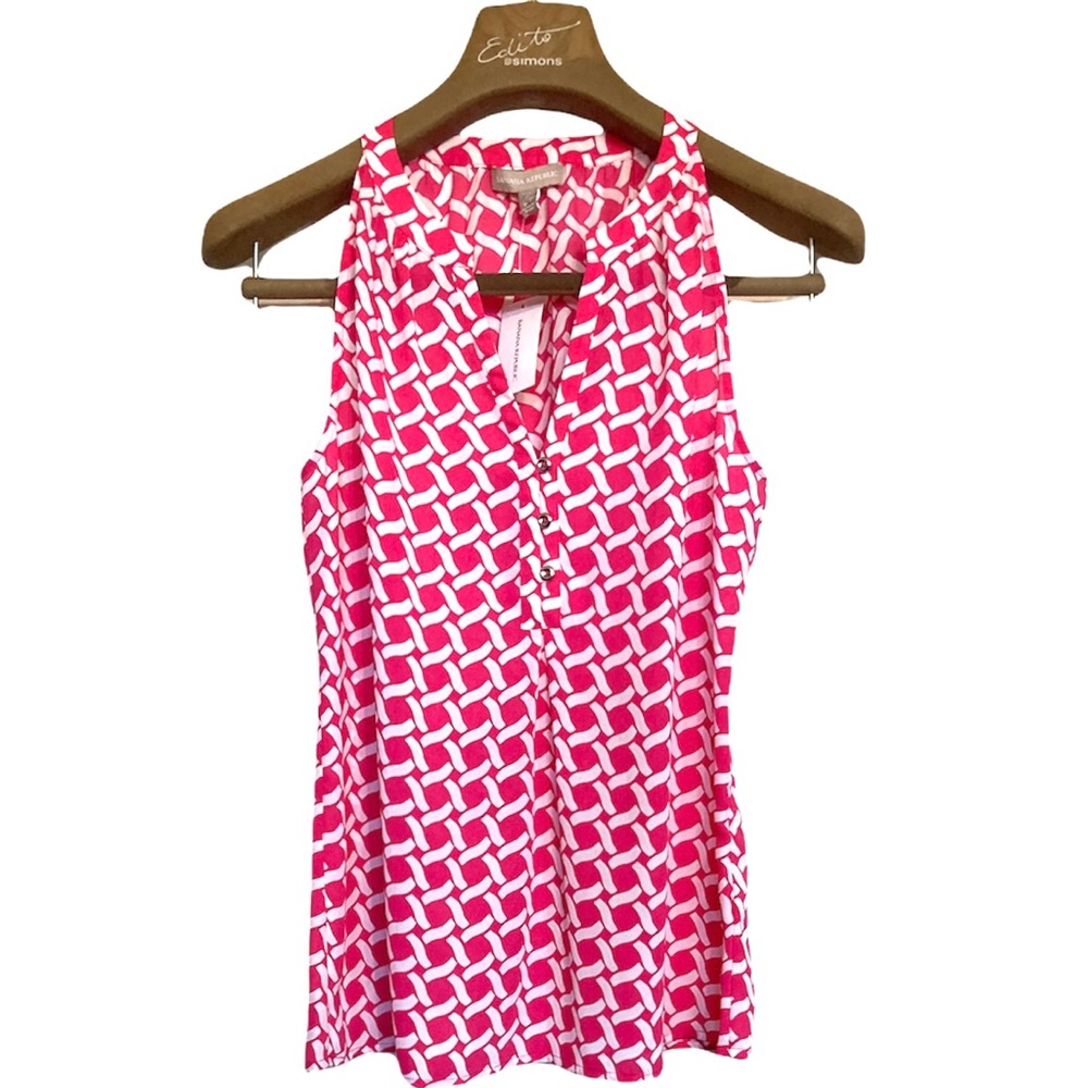 SM•NWT•BANANA REPUBLIC•PINK & WHITE SLEEVELESS V-NECK BLOUSE W BUTTON DETAIL•